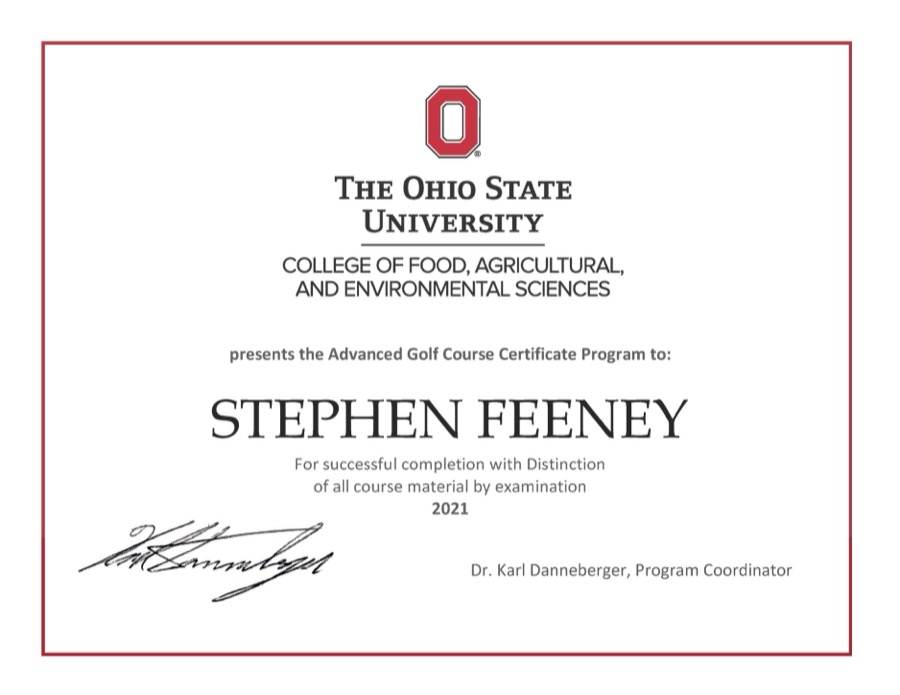 Ohio State Advanced Golf Course Management certificate